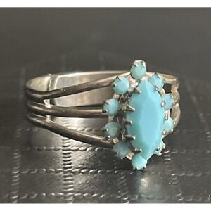 Vintage Lucite Statement Ring Adjustable Blue Silver Tone Marquise Prong Set NOS